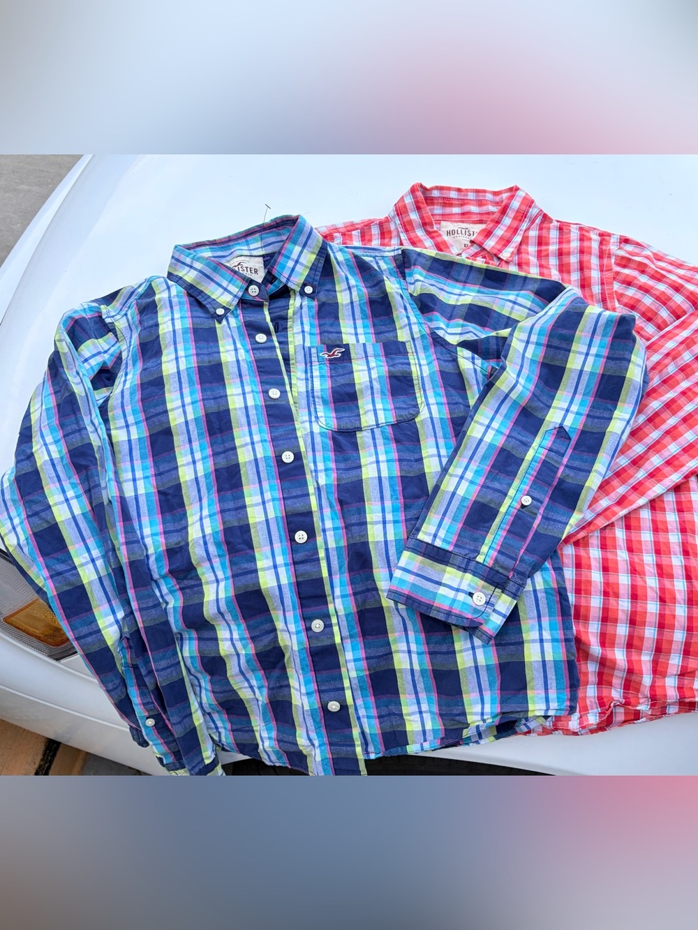 Hollister Men's Navy, Teal & Lime Plaid Button-Down Shirt